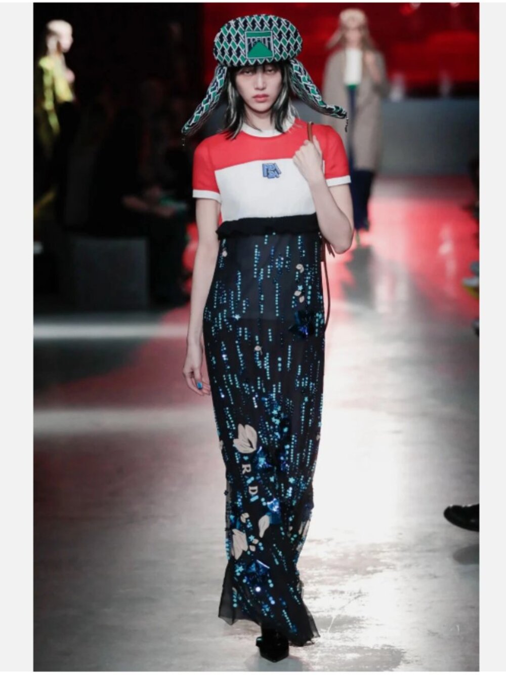 Prada Embroidered Colorblock Chiffon Maxi Dress